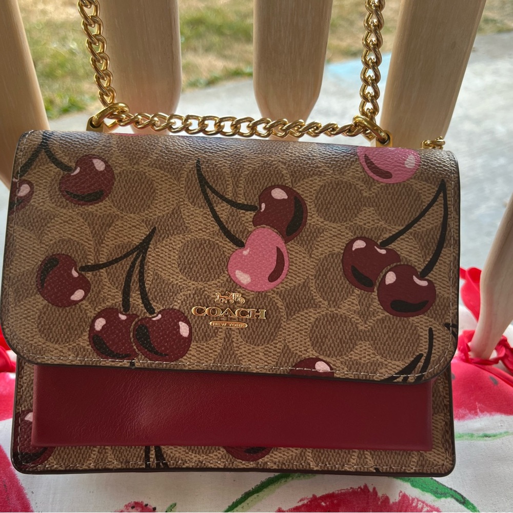 Coach Cherry Print Crossbody Bag in Brown and Red